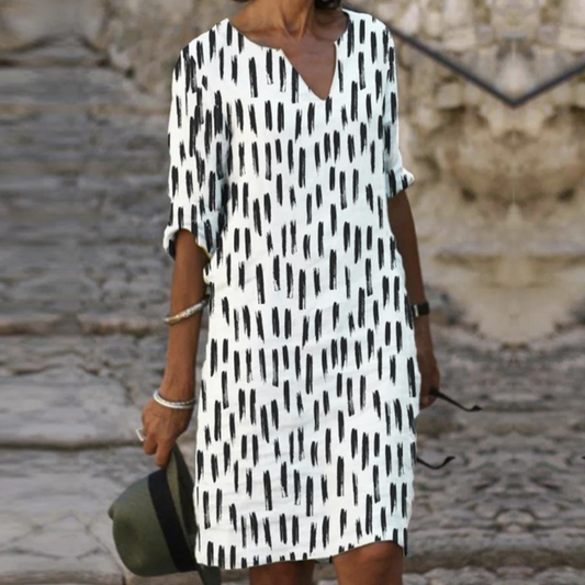 Women's Casual Dress - Knee-Length Relaxed Fit - V-Neck 3/4 Sleeve - Lightweight Breathable