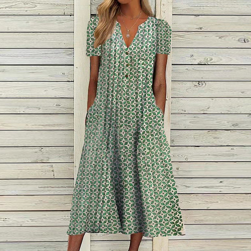 Women's Midi Dress - V-Neck Short Sleeve - Button Down with Side Pockets
