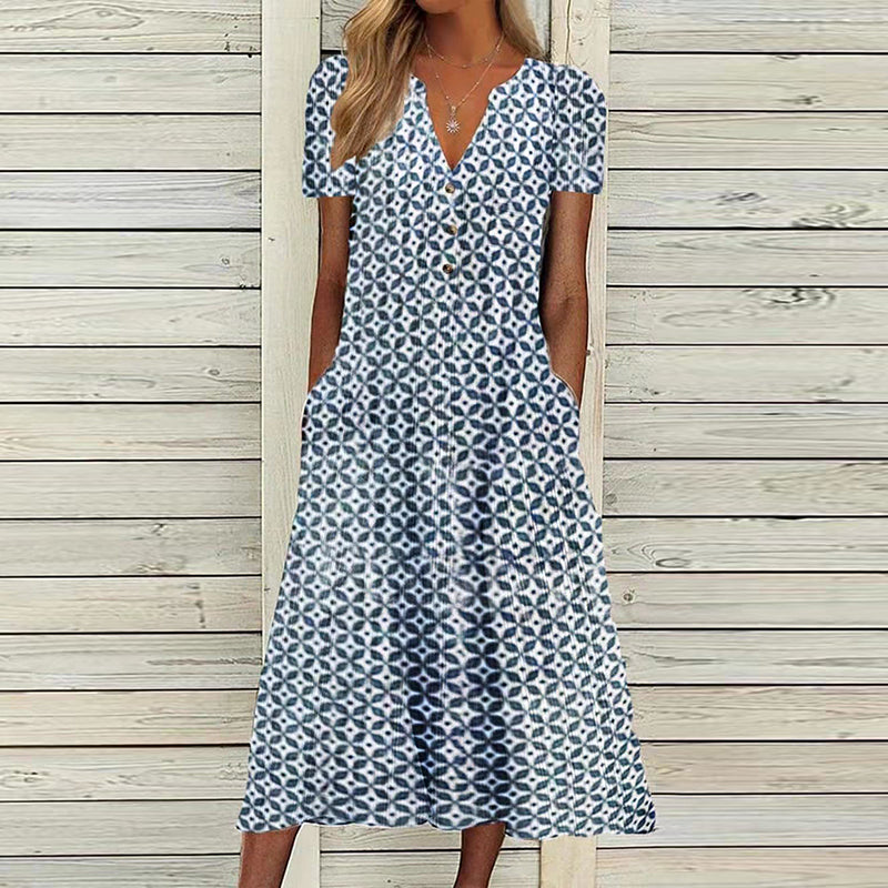 Women's Midi Dress - V-Neck Short Sleeve - Button Down with Side Pockets