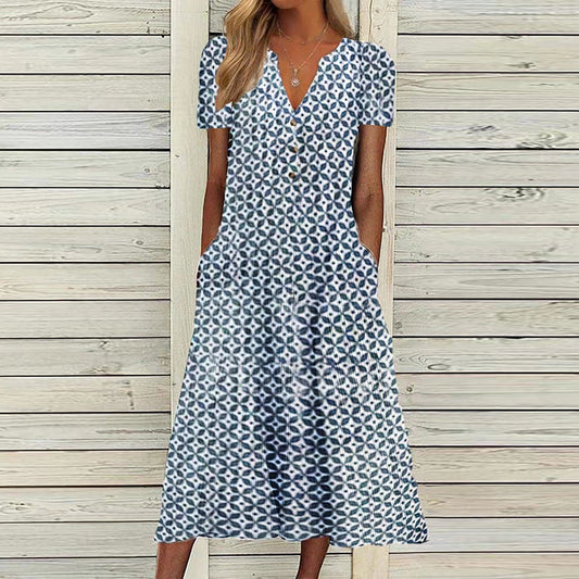 Women's Midi Dress - V-Neck Short Sleeve - Button Down with Side Pockets