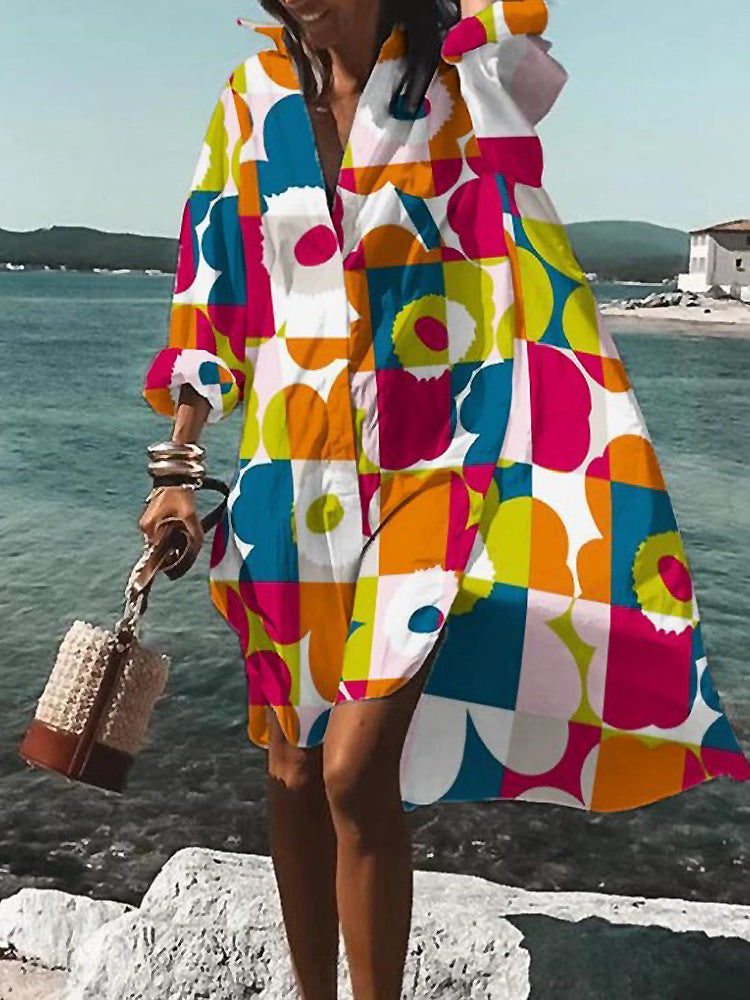 Women's Beach Cover-Up - Flowy Lightweight Caftan - Long Sleeve V-Neck Resort Wear