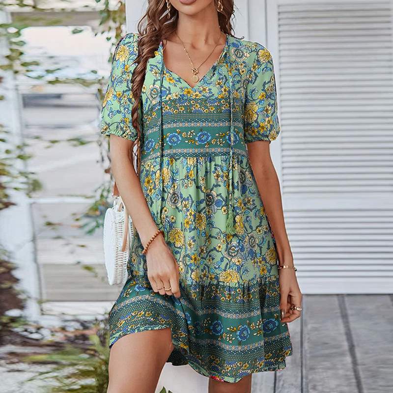 Women's Bohemian Dress - V-Neck - Short Puffed Sleeves - Flowy Empire Waist