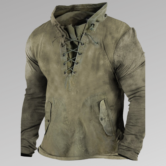 Men’s Long-Sleeve Shirt - Heavy Cotton Blend - Lace-Up Neck - Durable Utility Wear