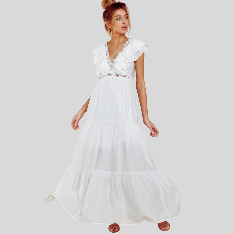 Women’s Maxi Dress - V-Neckline - Short Ruffled Sleeves - Tiered Flowy Skirt