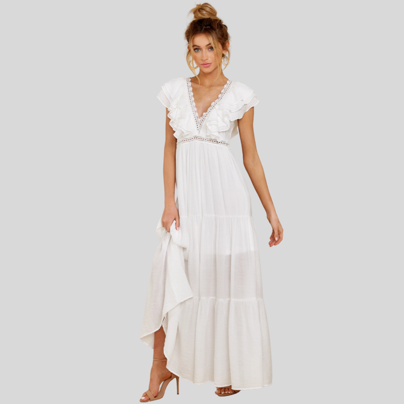 Women’s Maxi Dress - V-Neckline - Short Ruffled Sleeves - Tiered Flowy Skirt