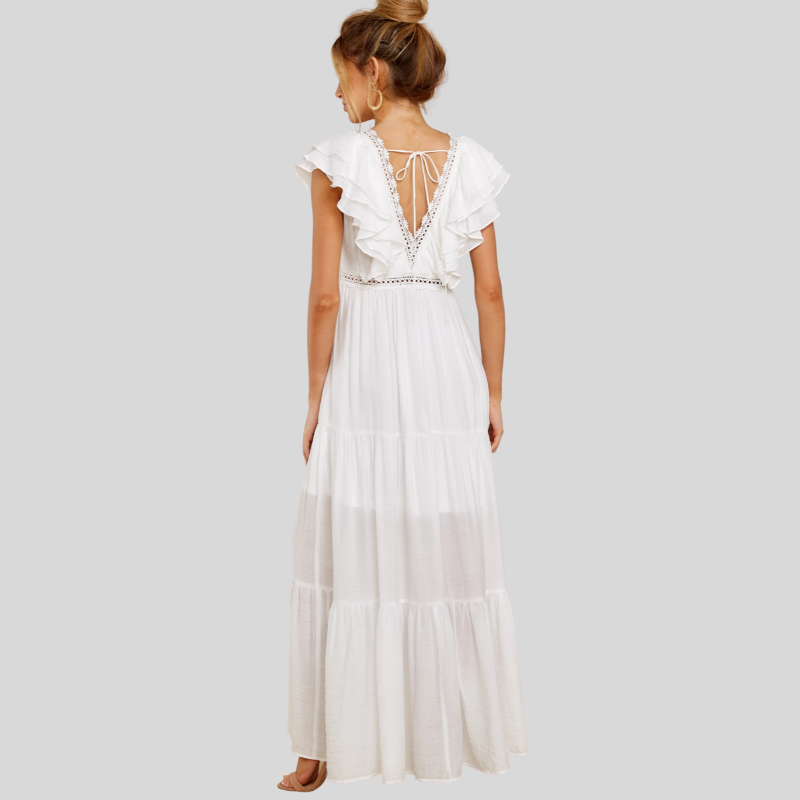 Women’s Maxi Dress - V-Neckline - Short Ruffled Sleeves - Tiered Flowy Skirt