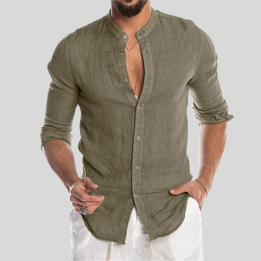 Men’s Band Collar Shirt - 100% Linen - Long Sleeve Lightweight Breathable Casual Fit