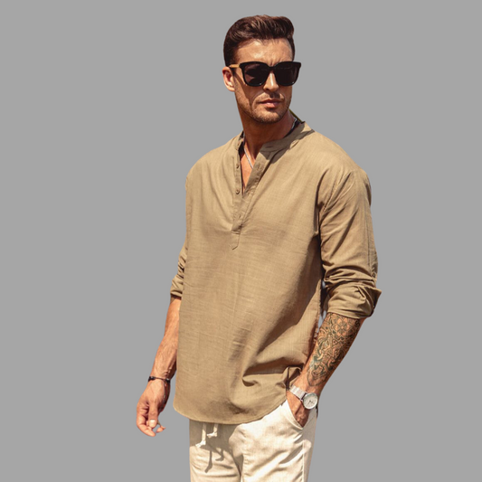 Men’s Henley Shirt - Banded Collar - Long Sleeve Lightweight Relaxed Fit