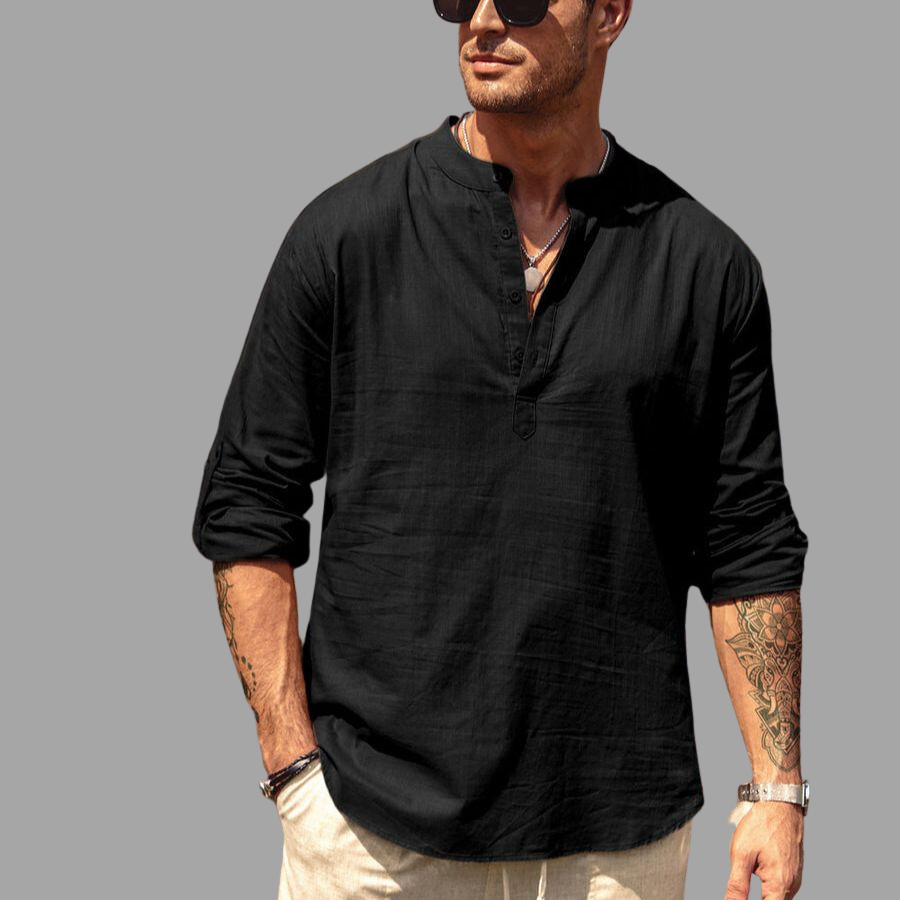 Men’s Henley Shirt - Banded Collar - Long Sleeve Lightweight Relaxed Fit