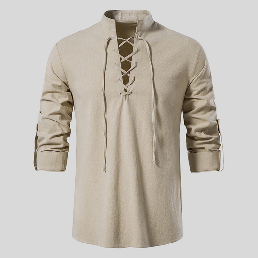 Men’s Long-Sleeve Shirt - Relaxed Fit - Lace-Up V-Neck - Casual Boho Style