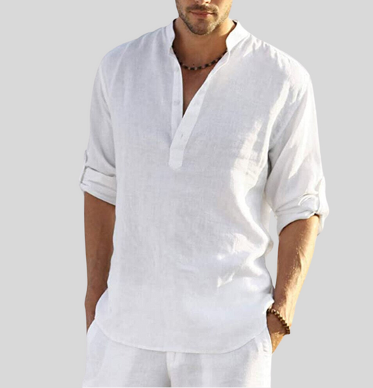 Men’s Linen Shirt - Relaxed Fit - Long Sleeve - Band Collar - Breathable Casual Wear