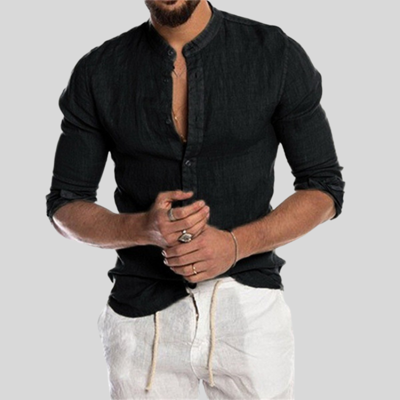 Men’s Band Collar Shirt - 100% Linen - Long Sleeve Lightweight Breathable Casual Fit