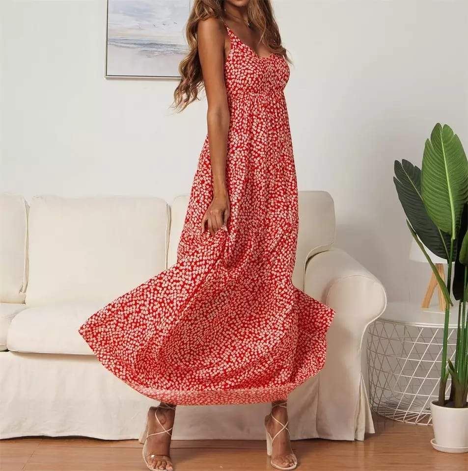 Women's Maxi Dress - Flowing Loose Fit - V-Neck - Spaghetti Straps - Lightweight Casual Wear