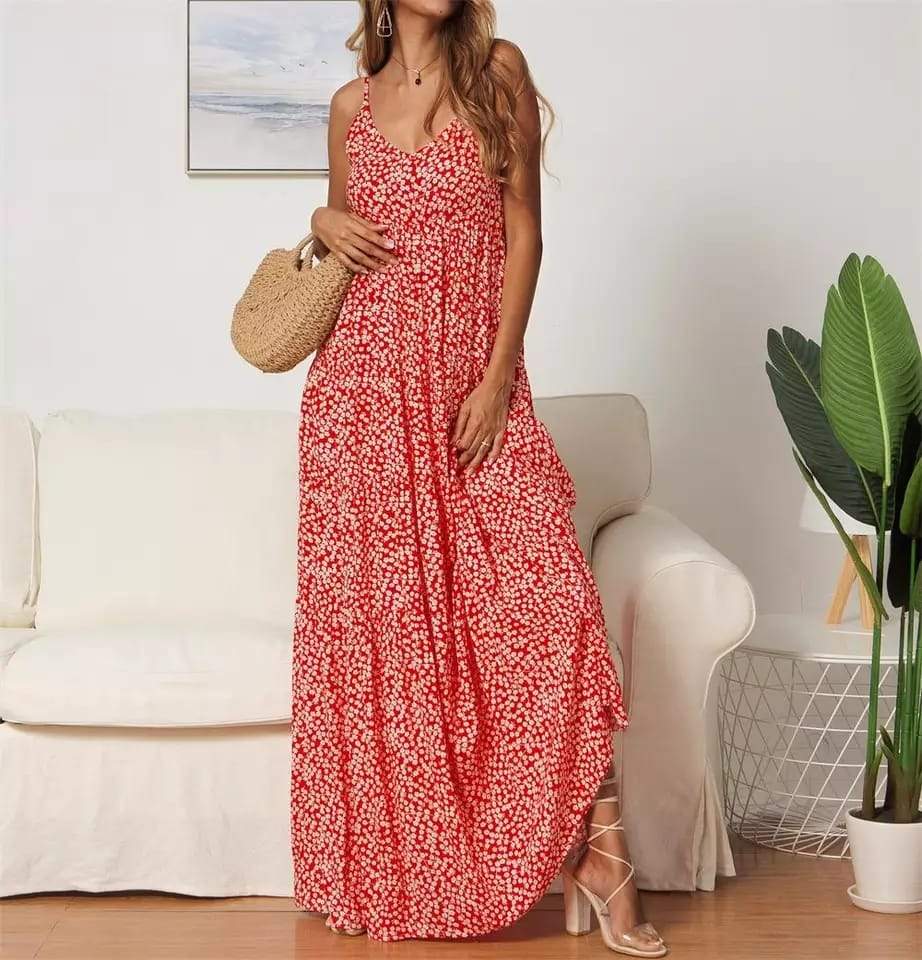 Women's Maxi Dress - Flowing Loose Fit - V-Neck - Spaghetti Straps - Lightweight Casual Wear