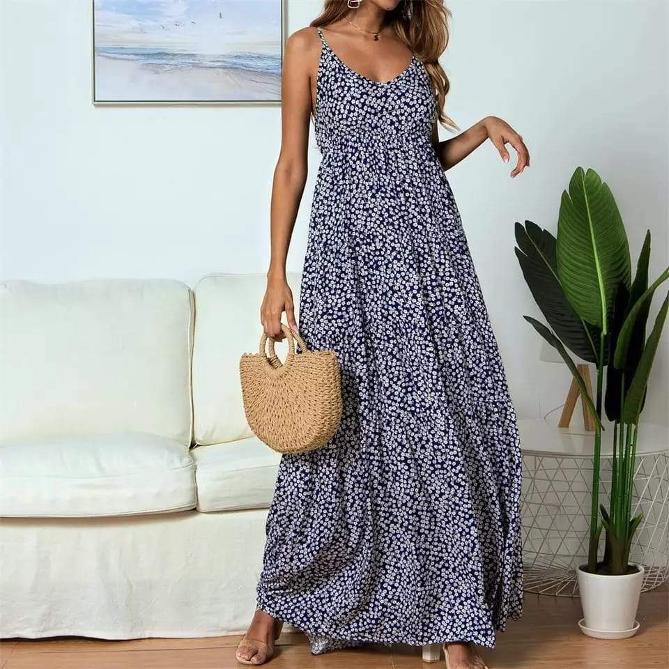 Women's Maxi Dress - Flowing Loose Fit - V-Neck - Spaghetti Straps - Lightweight Casual Wear