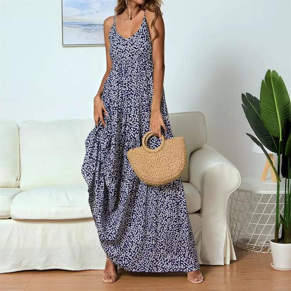 Women's Maxi Dress - Flowing Loose Fit - V-Neck - Spaghetti Straps - Lightweight Casual Wear