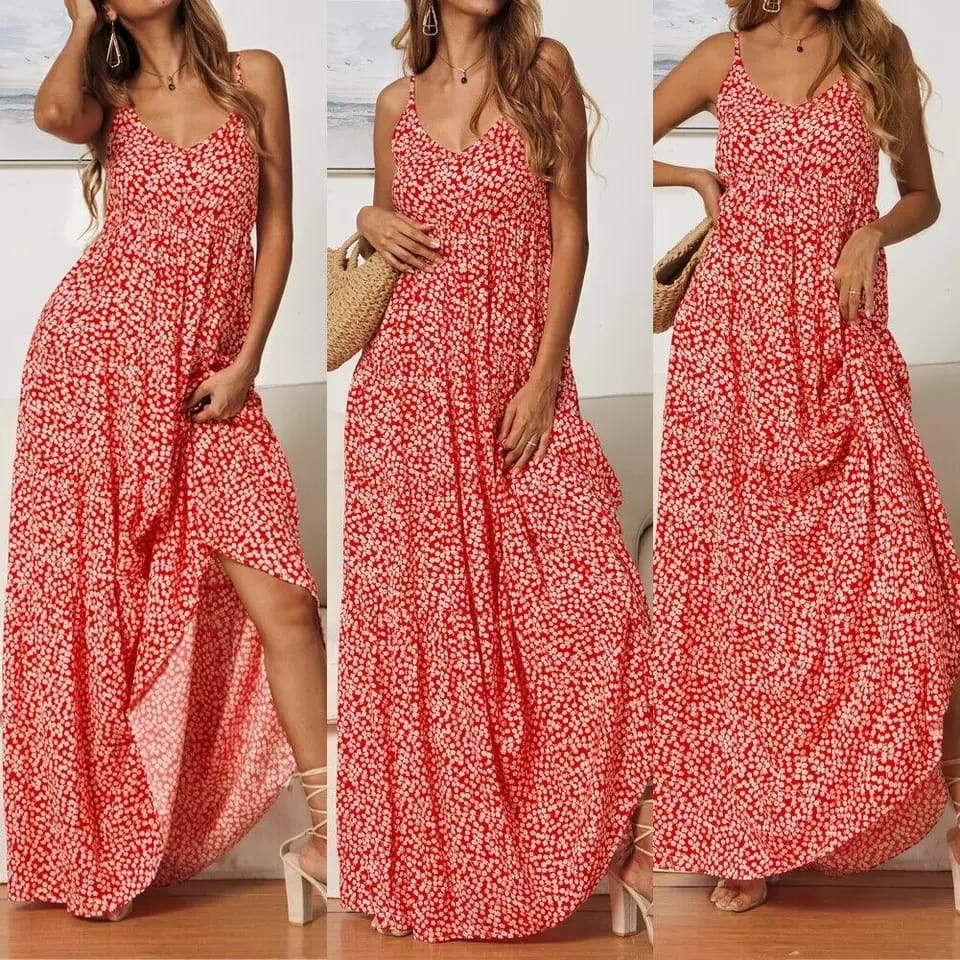 Women's Maxi Dress - Flowing Loose Fit - V-Neck - Spaghetti Straps - Lightweight Casual Wear