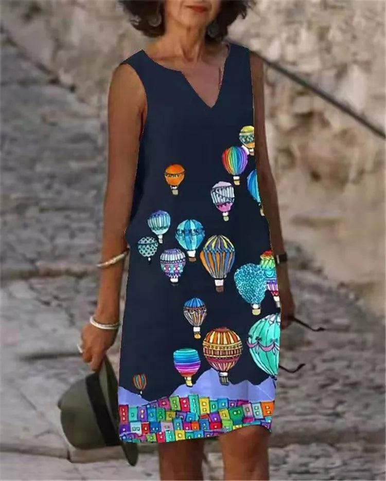 Women's Sleeveless Dress - V-Neck - Relaxed Fit - Floral Print Elegant Casual Wear