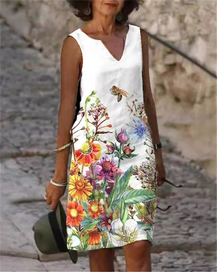 Women's Sleeveless Dress - V-Neck - Relaxed Fit - Floral Print Elegant Casual Wear