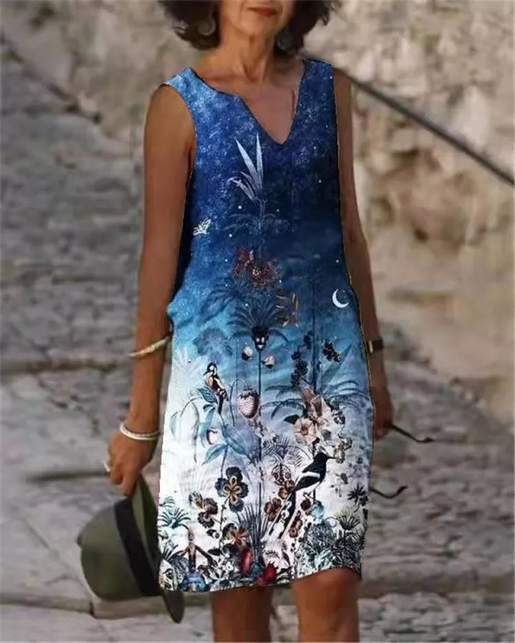 Women's Sleeveless Dress - V-Neck - Relaxed Fit - Floral Print Elegant Casual Wear