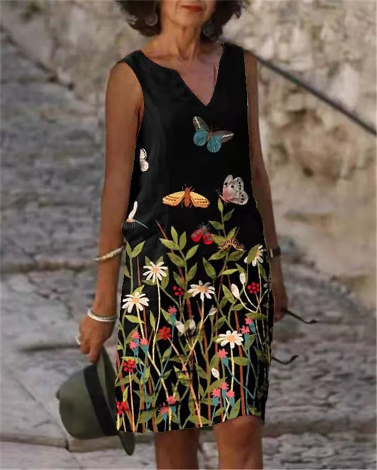 Women's Sleeveless Dress - V-Neck - Relaxed Fit - Floral Print Elegant Casual Wear