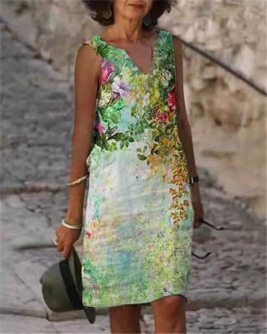 Women's Sleeveless Dress - V-Neck - Relaxed Fit - Floral Print Elegant Casual Wear