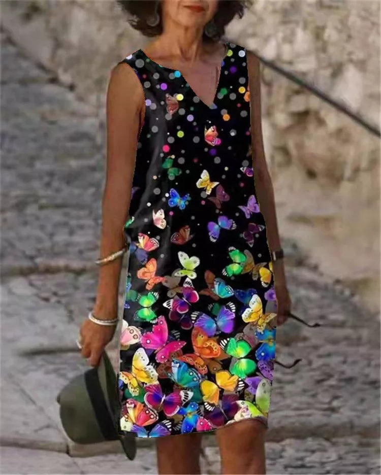 Women's Sleeveless Dress - V-Neck - Relaxed Fit - Floral Print Elegant Casual Wear