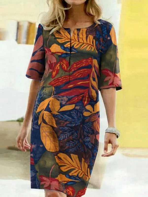 Women's Knee-Length Dress - Leaf Print - Relaxed Fit - Half Sleeve Notch Neck