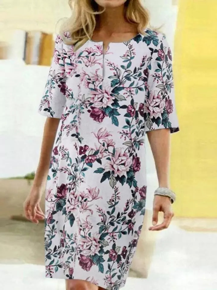 Women's Knee-Length Dress - Leaf Print - Relaxed Fit - Half Sleeve Notch Neck