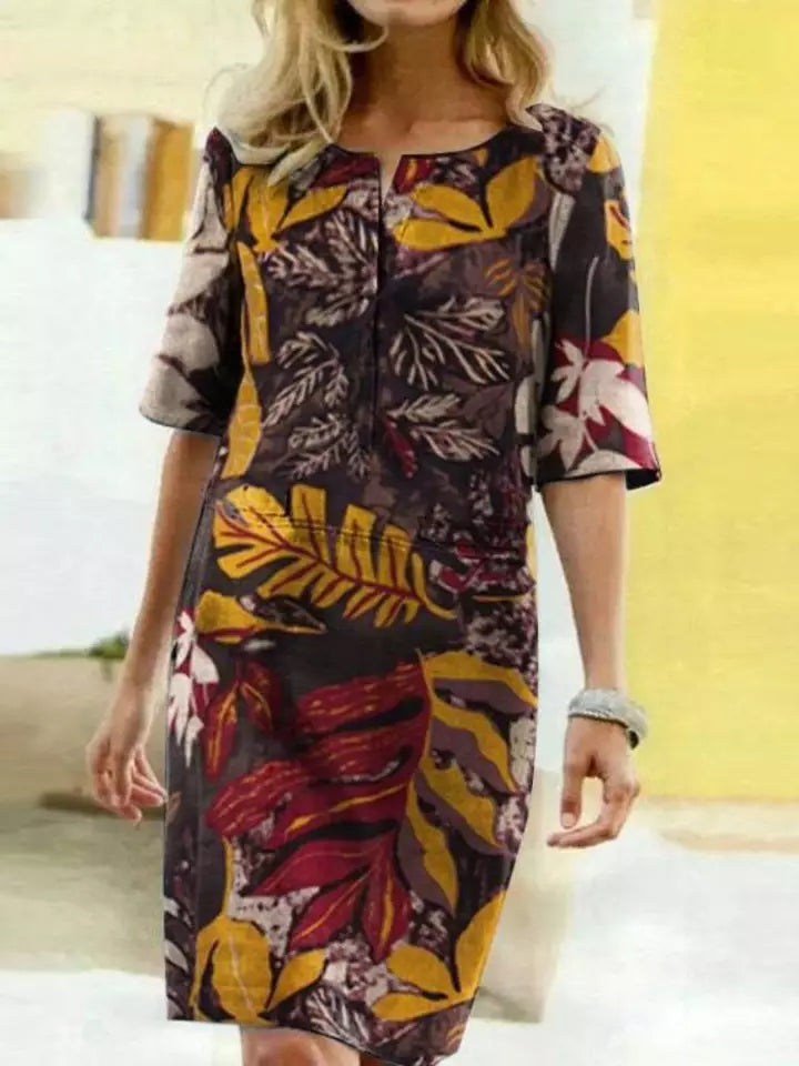 Women's Knee-Length Dress - Leaf Print - Relaxed Fit - Half Sleeve Notch Neck