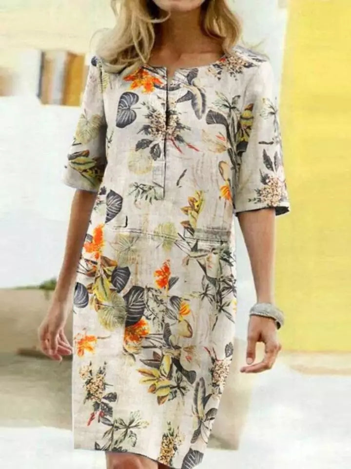 Women's Knee-Length Dress - Leaf Print - Relaxed Fit - Half Sleeve Notch Neck
