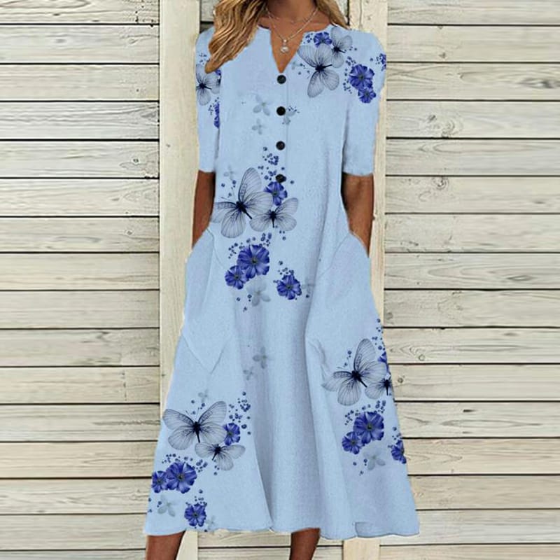 Women's Midi Dress - A-Line Fit - V-Neck Short Sleeve - Floral Butterfly Pattern - Button Detail - Pockets