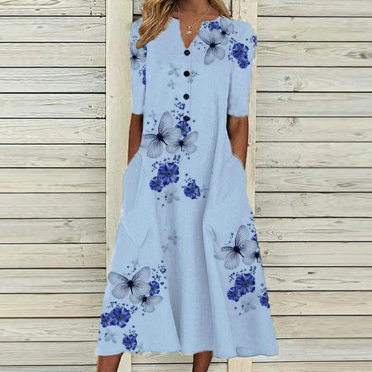 Women's Midi Dress - A-Line Fit - V-Neck Short Sleeve - Floral Butterfly Pattern - Button Detail - Pockets
