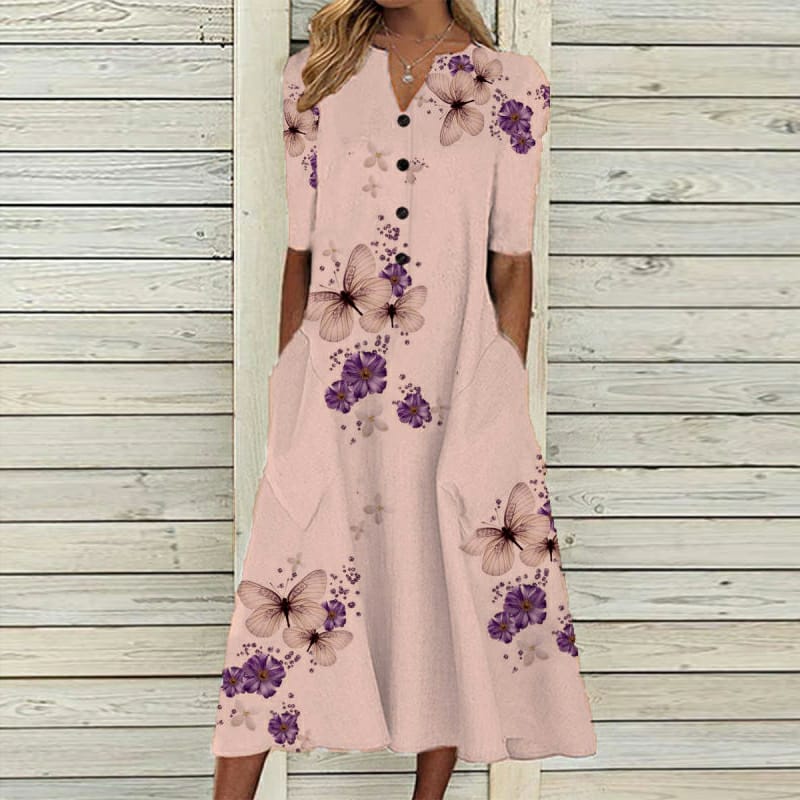 Women's Midi Dress - A-Line Fit - V-Neck Short Sleeve - Floral Butterfly Pattern - Button Detail - Pockets