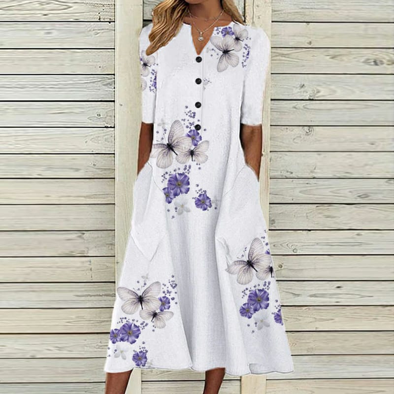 Women's Midi Dress - A-Line Fit - V-Neck Short Sleeve - Floral Butterfly Pattern - Button Detail - Pockets