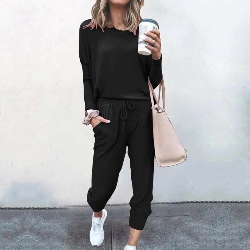 Women's Loungewear Set - Soft Cotton Blend - Long Sleeve Top & Jogger Pants
