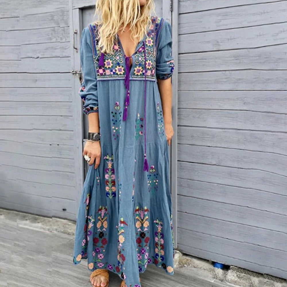 Women's Bohemian Maxi Dress - Embroidered Flowing Fit - V-Neck with Tassel Tie - Long Sleeve