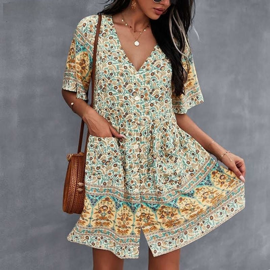 Women’s Bohemian Dress - V-Neck - Short Sleeve - Flowy Fit - Button Front