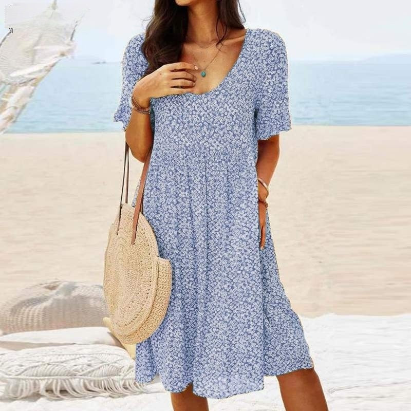 Women's Summer Dress - V-Neck - Short Sleeve - Floral Print - Loose Fit - Lightweight