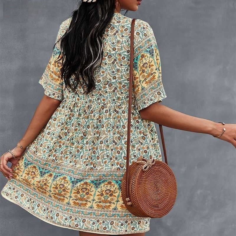 Women’s Bohemian Dress - V-Neck - Short Sleeve - Flowy Fit - Button Front