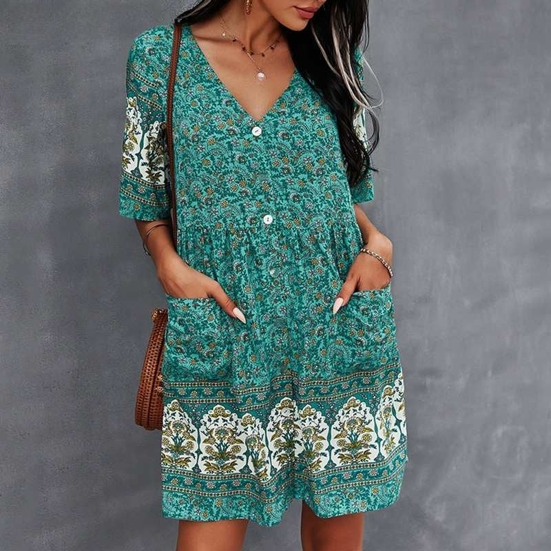Women’s Bohemian Dress - V-Neck - Short Sleeve - Flowy Fit - Button Front