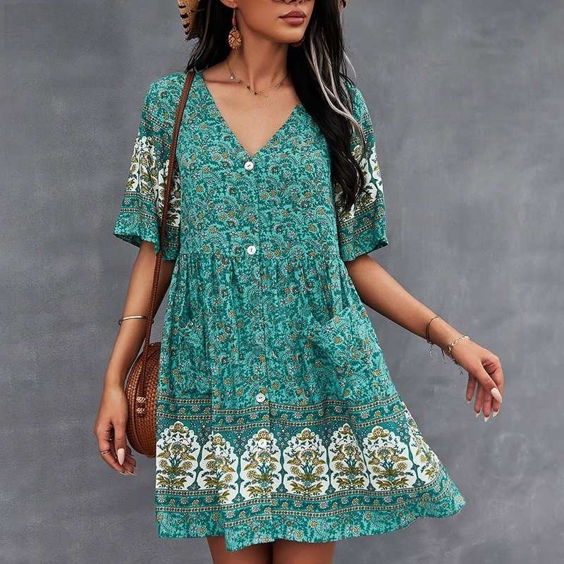 Women’s Bohemian Dress - V-Neck - Short Sleeve - Flowy Fit - Button Front
