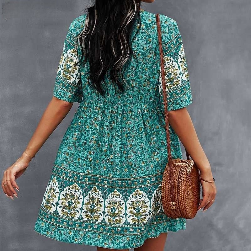 Women’s Bohemian Dress - V-Neck - Short Sleeve - Flowy Fit - Button Front