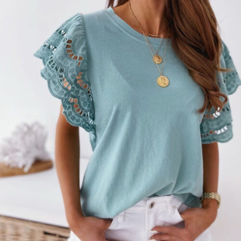 Women's Lace Sleeve Top - Round Neck - Lightweight Relaxed Fit - Scalloped Detail