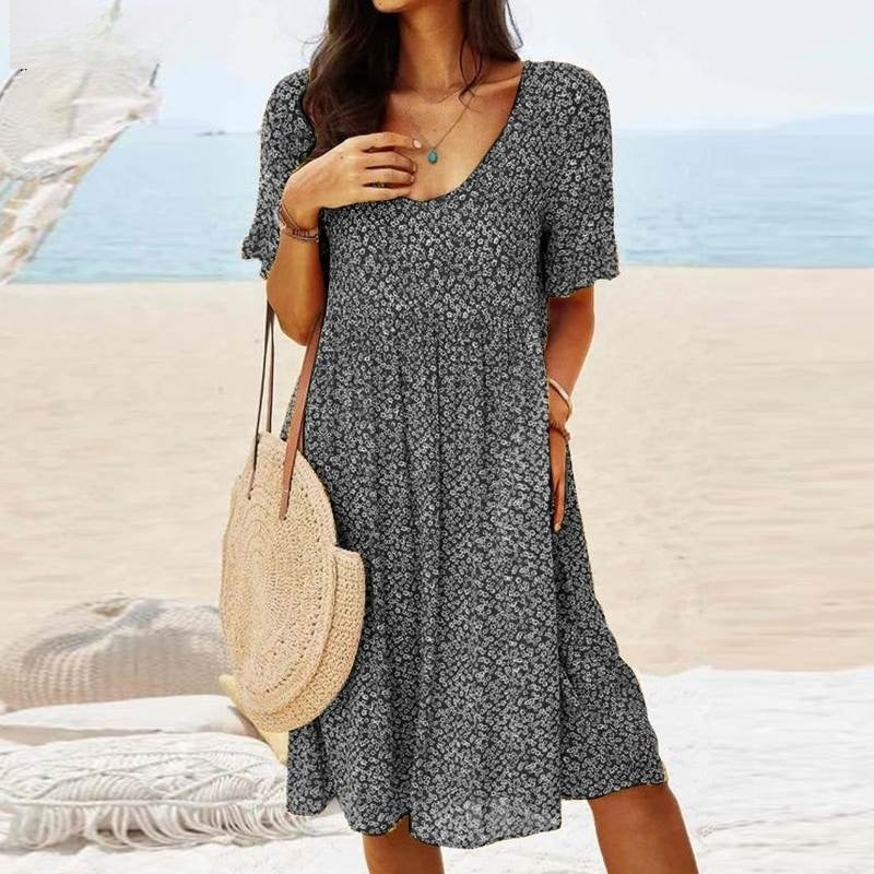 Women's Summer Dress - V-Neck - Short Sleeve - Floral Print - Loose Fit - Lightweight