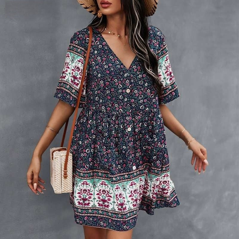 Women’s Bohemian Dress - V-Neck - Short Sleeve - Flowy Fit - Button Front