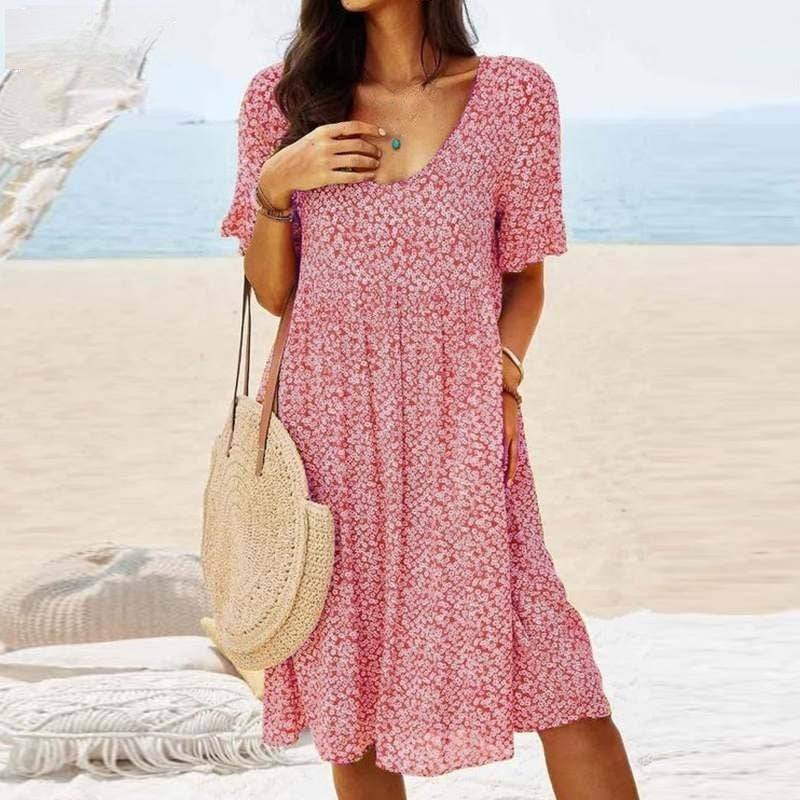Women's Summer Dress - V-Neck - Short Sleeve - Floral Print - Loose Fit - Lightweight
