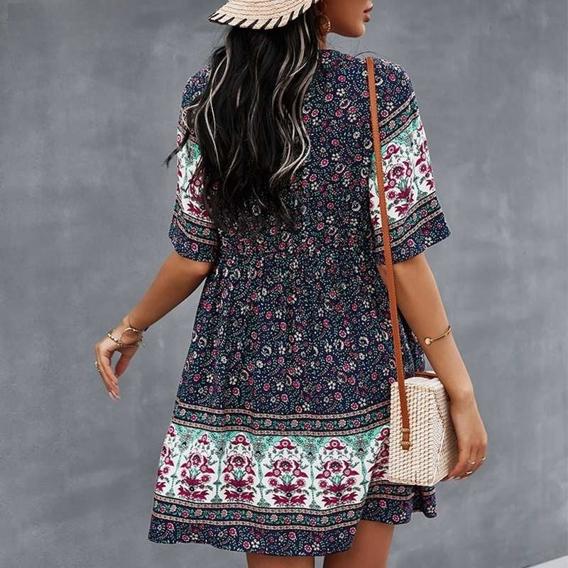 Women’s Bohemian Dress - V-Neck - Short Sleeve - Flowy Fit - Button Front