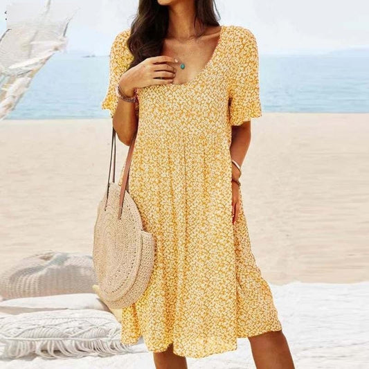 Women's Summer Dress - V-Neck - Short Sleeve - Floral Print - Loose Fit - Lightweight