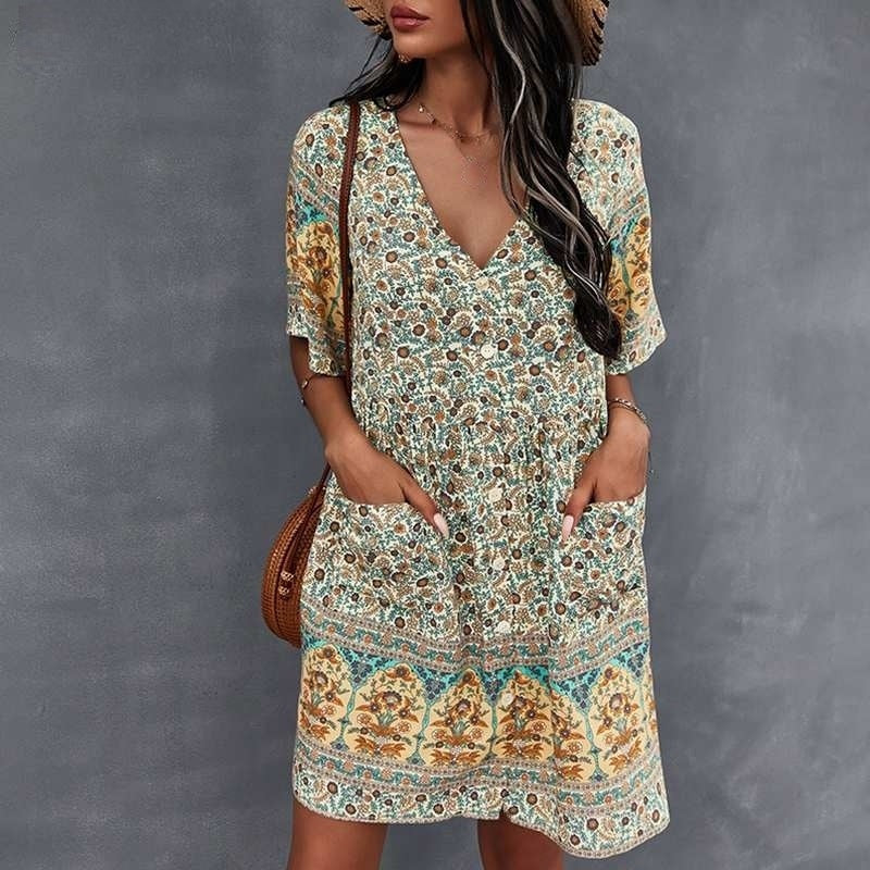 Women’s Bohemian Dress - V-Neck - Short Sleeve - Flowy Fit - Button Front